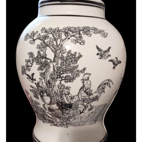 VTG Chinese Dechang Taoci Porcelain Vase & Lid White Black Roosters Trees Birds - Picture 4 of 6